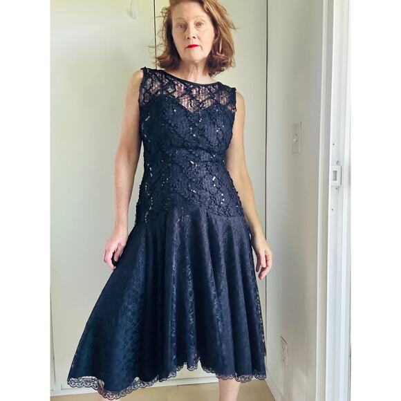 Vintage 80s Formal Party Dress Black Lace Sequin Midi Fit Size Medium Fitted - Picture 5 of 12